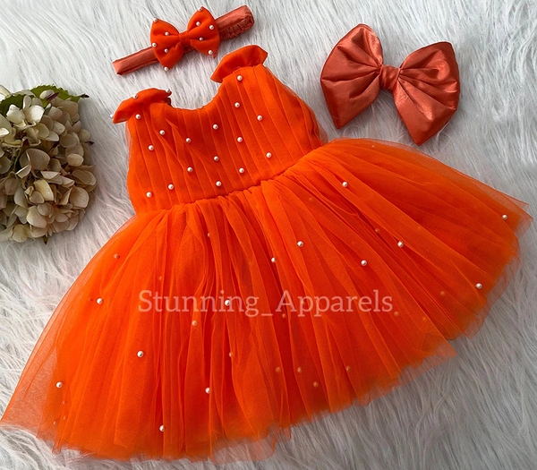 Shoulder Bow Pearls Work Orange Dress 