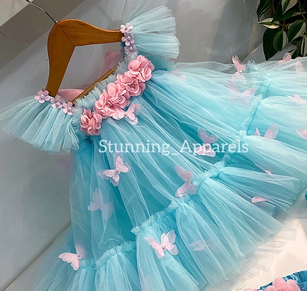 Butterfly Work Party Wear Sky Blue Umbrella Dress