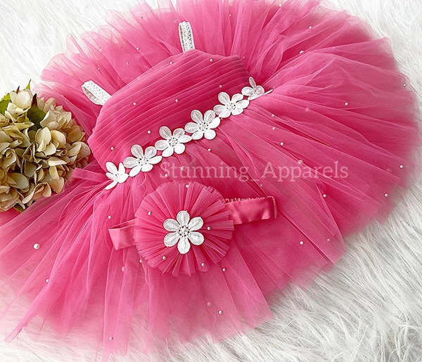 White Flower Work Strapped Flemingo Pink Dress 