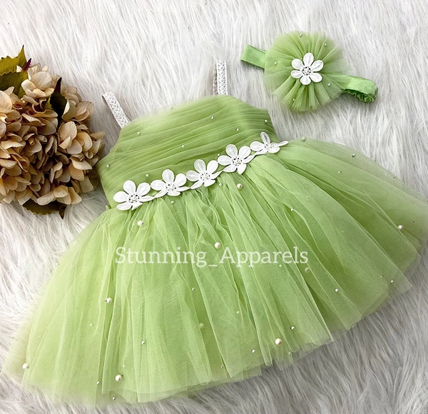 White Flower Work Strapped Pista Green Dress