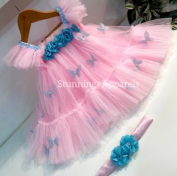 Butterfly Work Party Wear Baby Pink Dress  ( Shoes Available With 0-3 Month To 1-2 Years) 