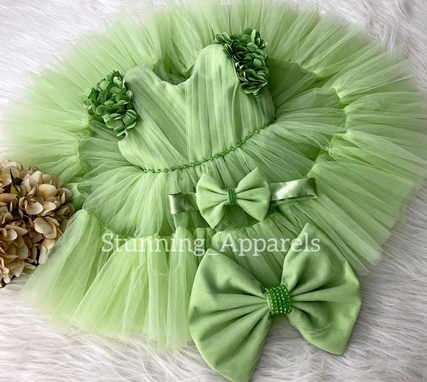 Cape Sleeves Flower Work Ruffled Pista Green Dress 