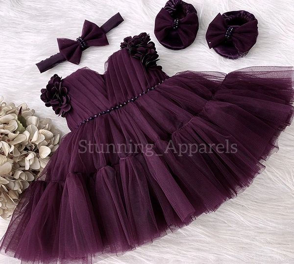 Cape Sleeves Flower Work Ruffled Wine Dress 