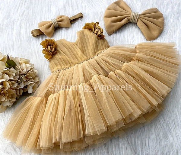 Cape Sleeves Flower Ruffled Work Golden Dress 
