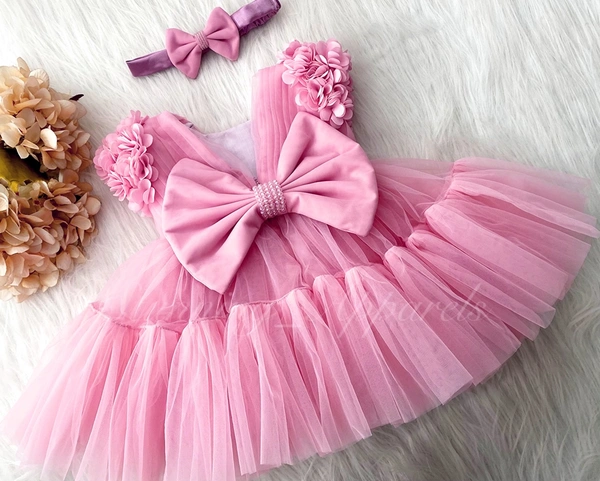 Cape Sleeves Flower Work Ruffled Baby Pink Dress 