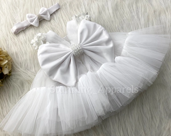 Cape Sleeves Flower Work Ruffled White Dress 