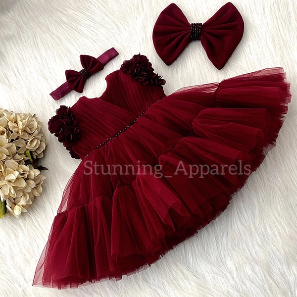 Cape Sleeves Flower Work Ruffled Maroon 