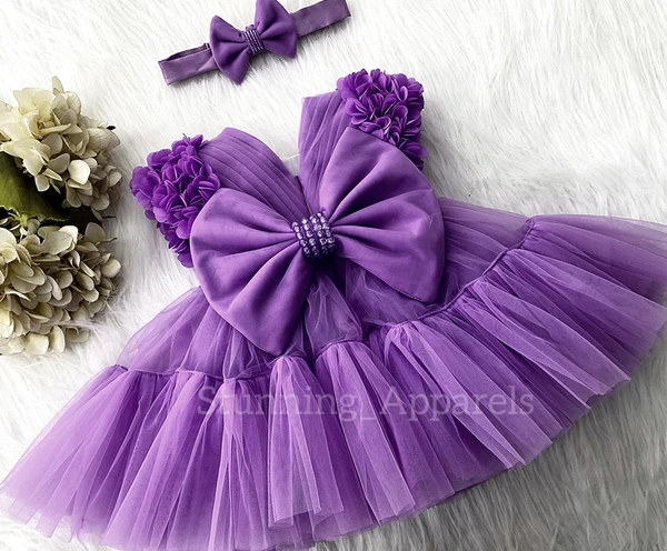 Cape Sleeves Flower Work Ruffled Dark Lavender Dress 