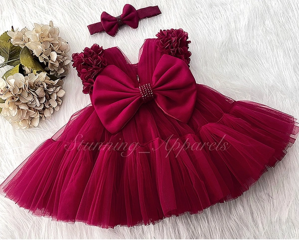 Cape Sleeves Flower Work Ruffled Ruby Red Dress 