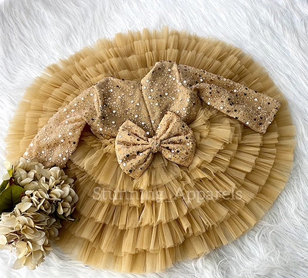 Long Sleeves Beads Sequins Layered Golden Dress 