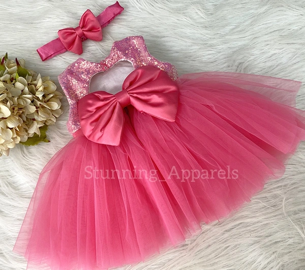 Multi Colour Sequins With Satin Bow Flemingo Pink Dress 