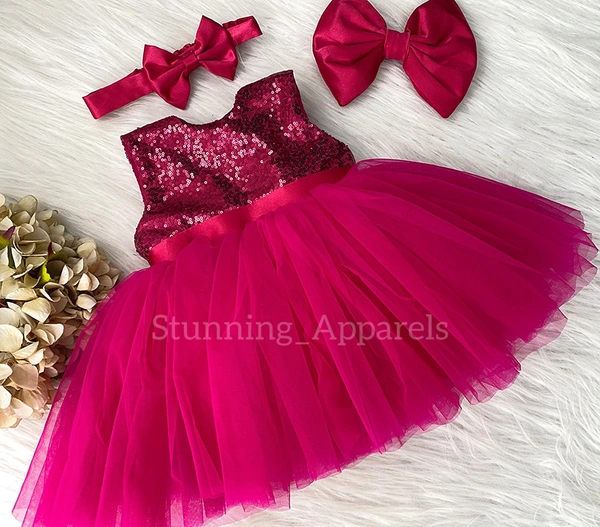 Pink Sequins Satin Bow Magenta Pink Dress 