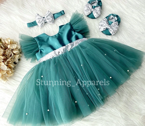 Silver Sequins Bow Teal Green Dress 