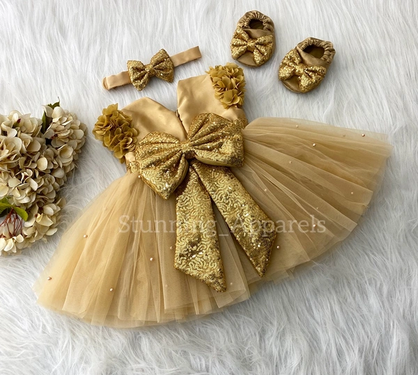 Golden Sequins Bow And Cape Sleeves Flower Work  Golden Dress 