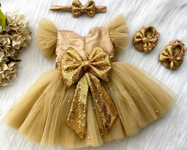 Golden Sequins Bow Ruffled Sleeves Golden Dress 