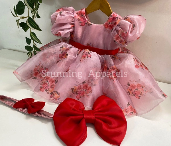 Red Bow Flower Printed Prach Organza Dress 