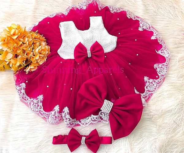 Bottom White Lace Work Magenta Dress 