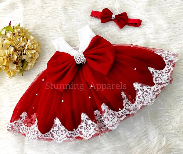 Bottom White Lace Work Red Dress 