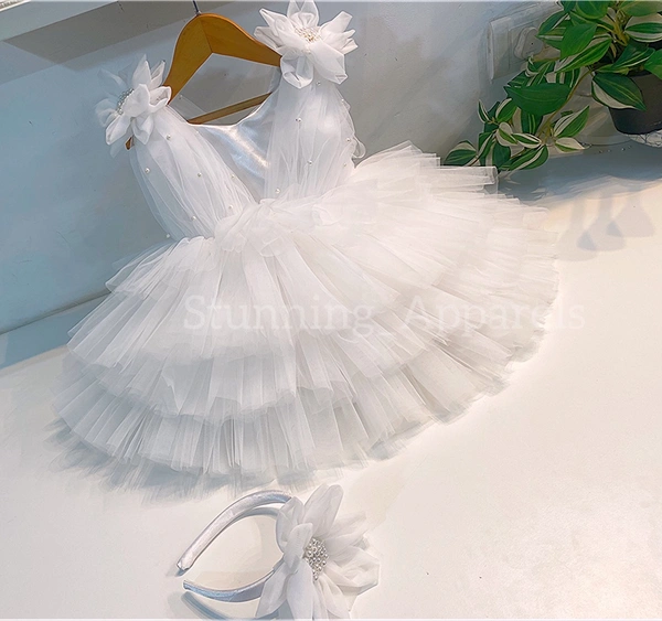 Shoulder Flower Work Layered White Dress 