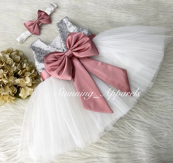 Peach Satin Bow Silver Sequins White Dress 