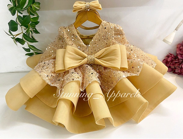 Designer Long Sleeves Beads Sequin Golden Dress 