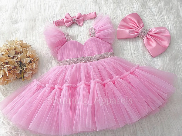 Sweetheart Neckline Hand Work Ruffled Sleeves Dark Baby Pink Dress 