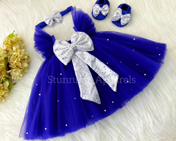 Silver Sequins Bow And White Pearls Work Royal Blue Dress 