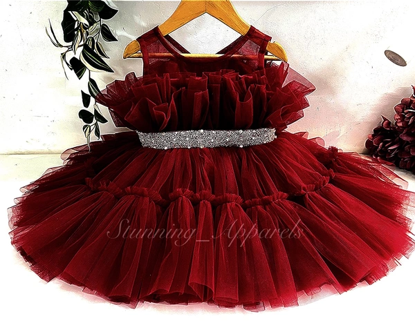 Designer Hand Work Ruffled Maroon Dress 