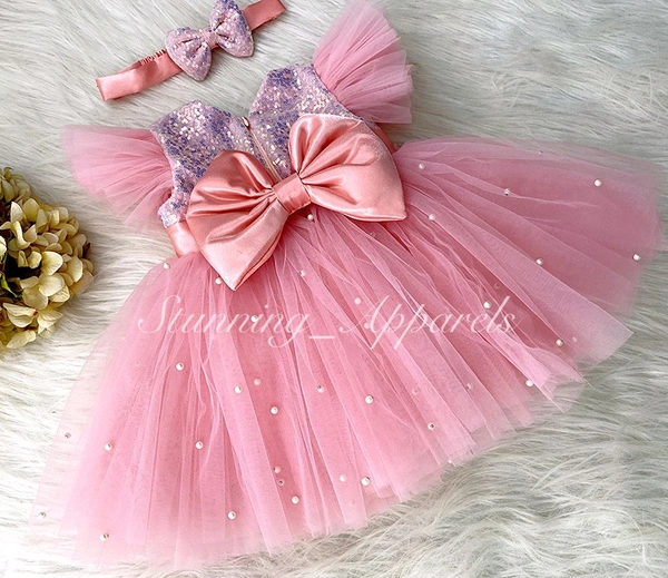 Stylish Satin Bow Party Wear Peach Dress 