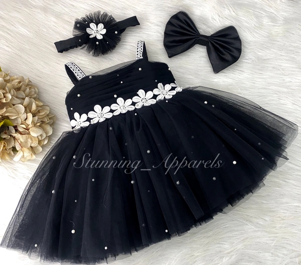 Waistline White Flower Work Strapped Black Dress 