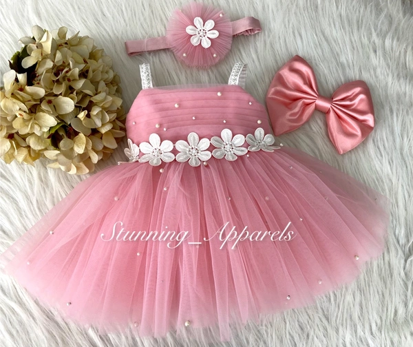 Waistline Flower Work Peach Dress 