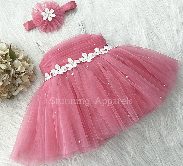 Waistline Flower Work Peach Dress 