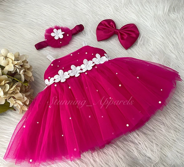 Waistline White Flower Work Magenta Pink Dress 