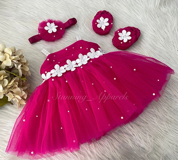 Waistline White Flower Work Magenta Pink Dress 