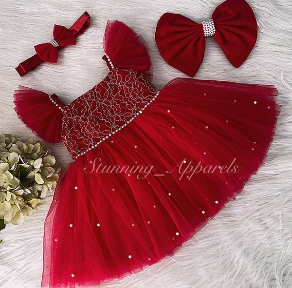 Waistline Pearls Work Ruffled Sleeves Red Dress 