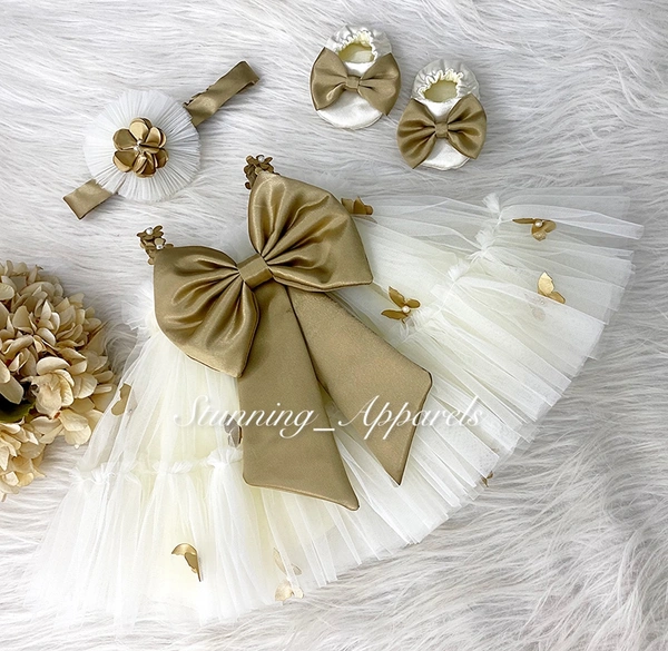 Golden Satin Bow And Butterfly Work Cream Dress 