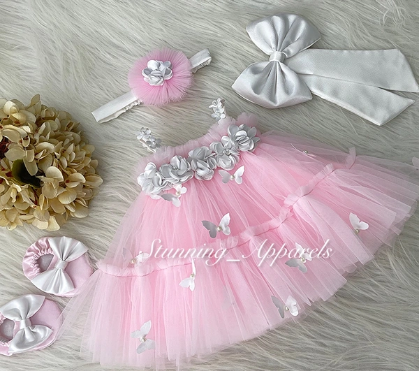White Butterfly Work Cure Baby Pink Umbrella Dress 