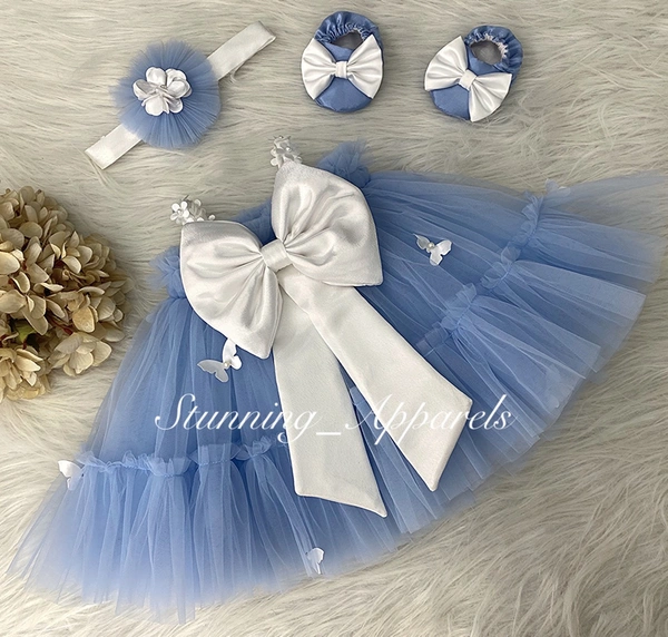White Butterfly Work Pastel Blue Umbrella Dress 