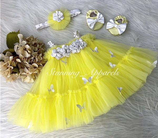 White Butterfly Flower Work Yellow Umbrella Dress 