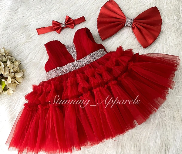 Designer Neckline Hand Work Ruffled Red Dress 