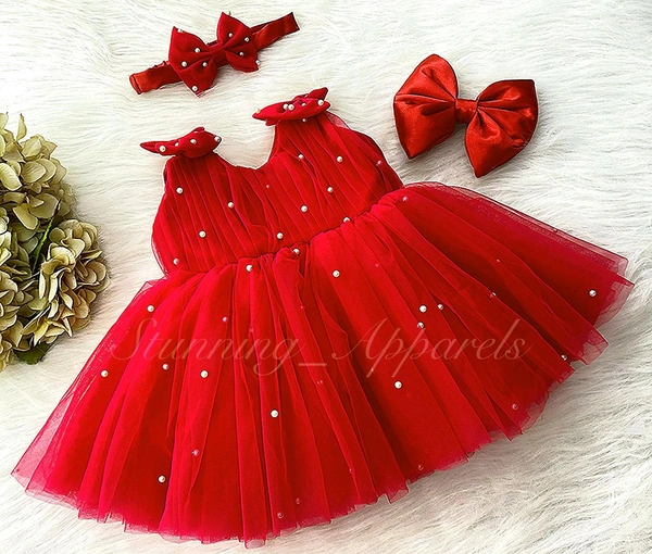 Shoulder Bow Pearls Work Red Dress 