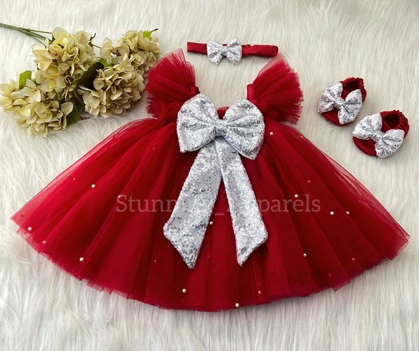 Silver Sequins Bow Pearls Work Red Umbrella Dress 