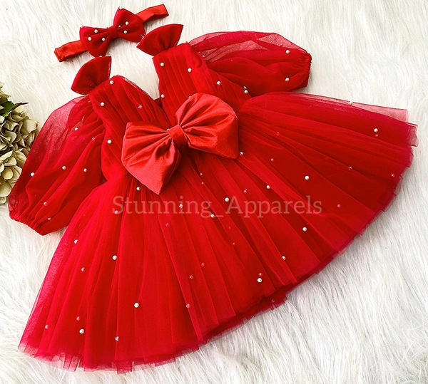 Shoulder Bow Long Puff Sleeves Pearls Work Red Dresss 