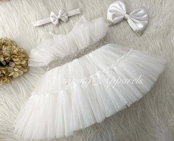 Designer Hand Work Ruffled White Dress 