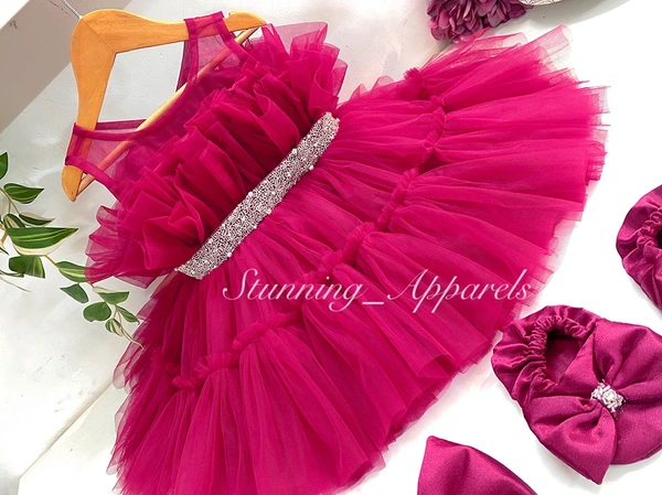 Designer Hand Work Ruffled Magenta Pink Dress 
