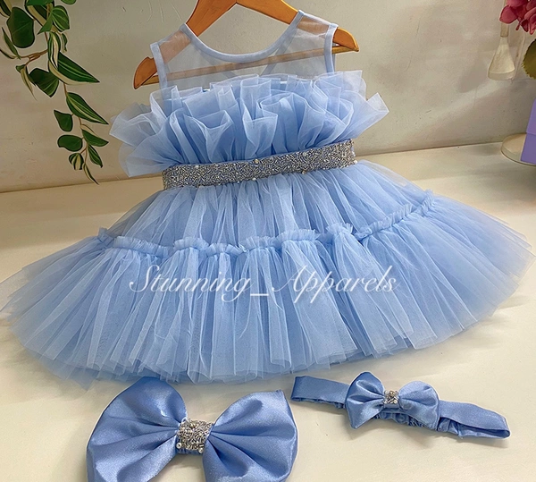 Designer Hand Work Ruffled Pastel Blue Dress 