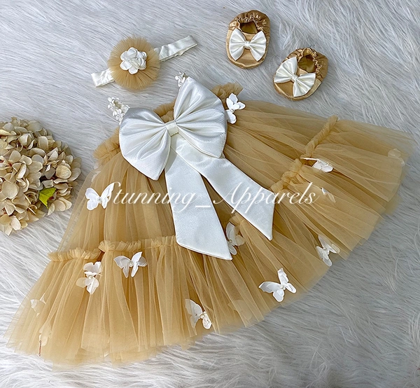 Butterfly And Flower Work Golden Umbrella Dress 