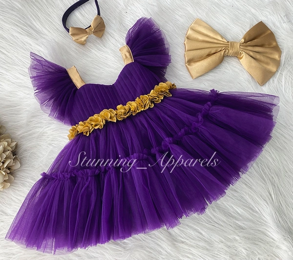 Golden Flower Work Ruffled purple dress