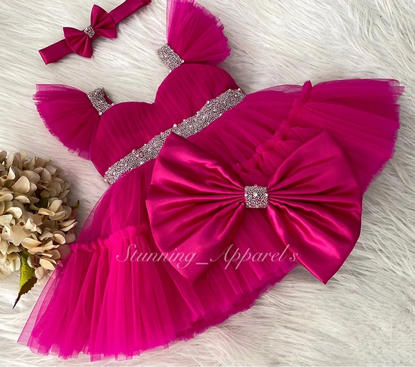 Sweetheart Neckline Hand Wirk Ruffled Sleeves Magenta Pink Dress 