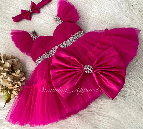 Sweetheart Neckline Hand Wirk Ruffled Sleeves Magenta Pink Dress 